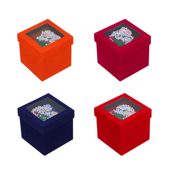 Сноу бум коробка подарочная бархатная, с пвх окном и декором внутри, 13x13x12,8 см, 4 цв.,квадратная, в ассортименте