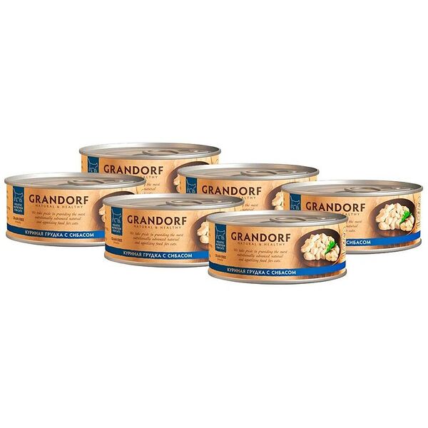 Корм для кошек GRANDORF Куриная грудка с сибасом банка 70г (упаковка - 6 шт)