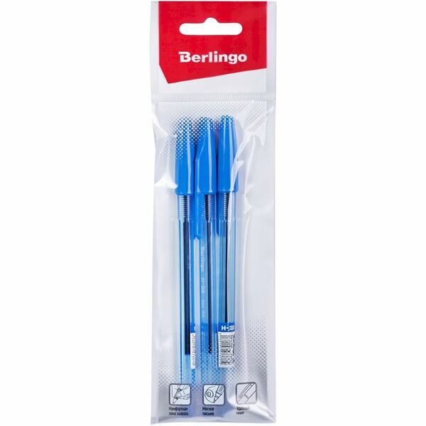 Набор ручек BERLINGO шариковых H-30, 3шт, синяя, 0,7мм, пакет, е/подвес 