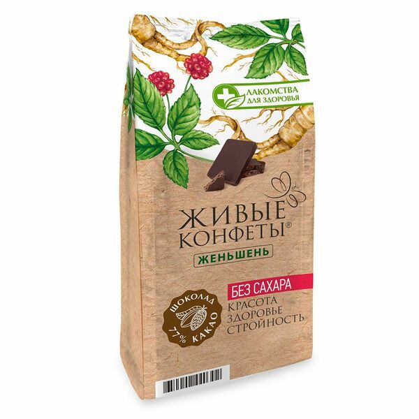Шоколад горький Лакомства для здоровья Живые конфеты Женьшень, без сахара