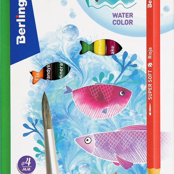 Карандаши Berlingo SuperSoft Рыбки, акварельные, с кистью, 12 цветов