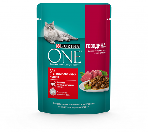Влажный корм для стерилизованных кошек Purina One с говядиной и морковью