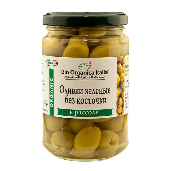Оливки зеленые без косточки в рассоле, Bio Organica Italia