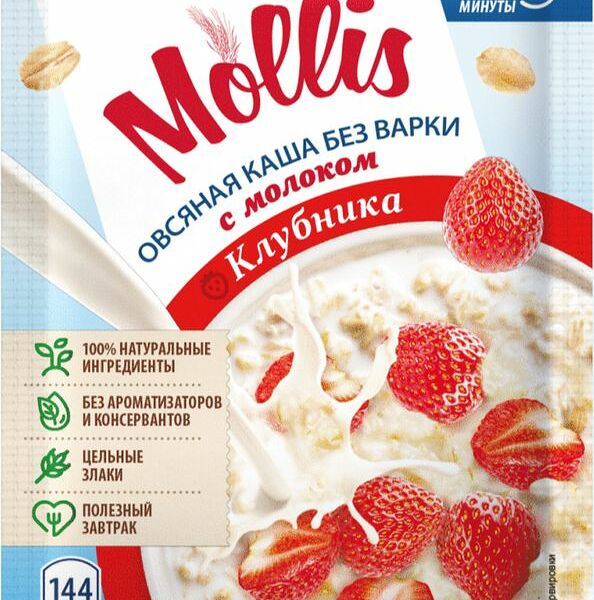 Каша Mollis овсяная с молоком и со вкусом клубники 40г