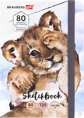 Скетчбук BRAUBERG Art debut Львенок, 80 листов, на резинке, 14,5х20,3см, Арт. 114585
