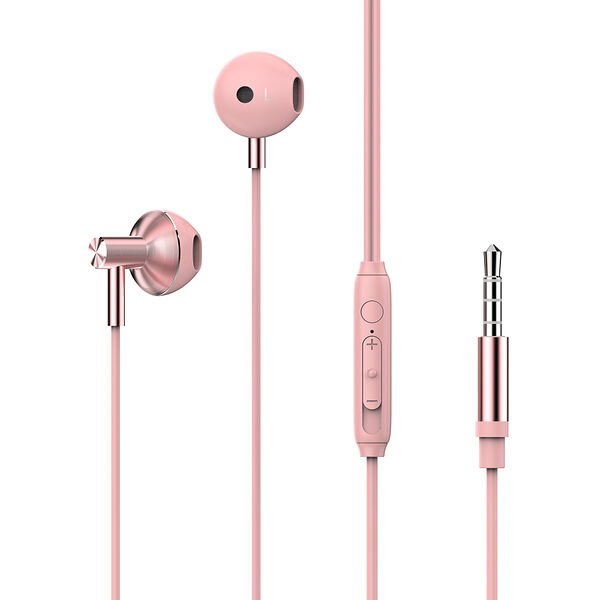 By наушники проводные вкладыши, гарнитура, оплетка tpe, металлик, розовый