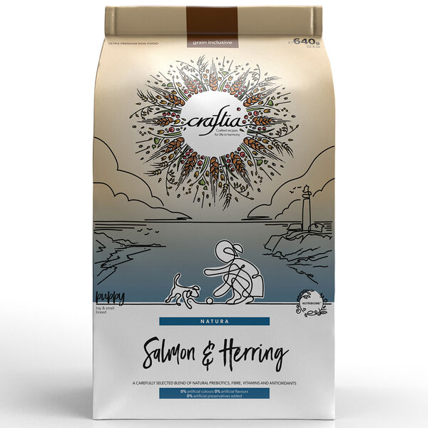 Корм для щенков CRAFTIA Natura для миниатюрных и мелких пород, лосось с сельдью сух. 640г
