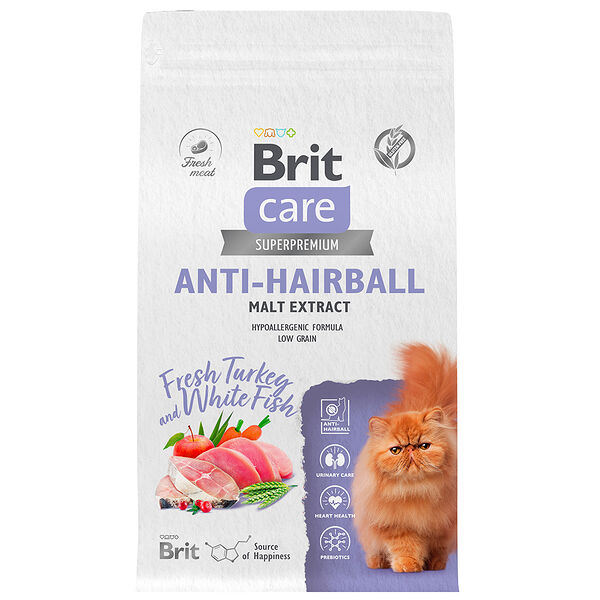 Сухой корм Care Anti-hairball Brit для кошек, с белой рыбой и индейкой, 1.5 кг