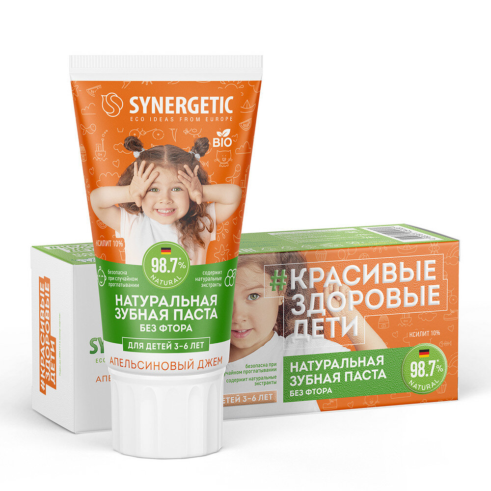 

Зубная паста детская Synergetic Апельсиновый джем укрепляющая без фтора от 3 до 6 лет 50 г