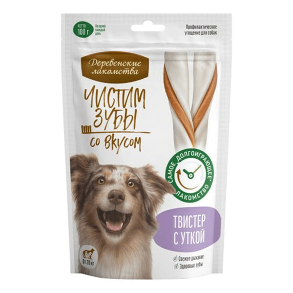 Лакомство для собак Деревенские лакомства Чистим зубы Твистер с уткой, 100 г