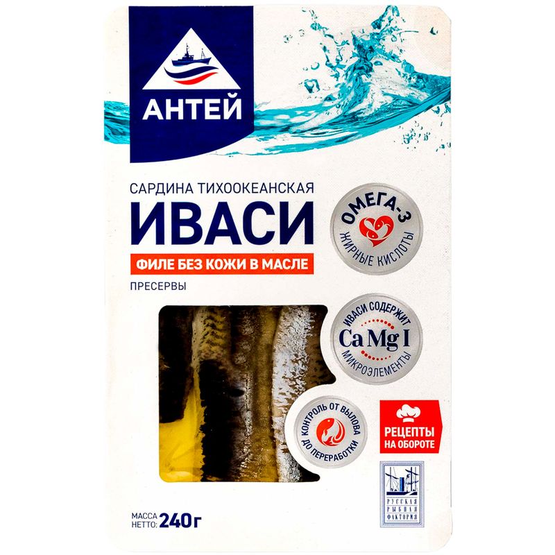 

Сардина Русская рыбная Фактория Иваси тихоокеанская филе без кожи в масле 240 г