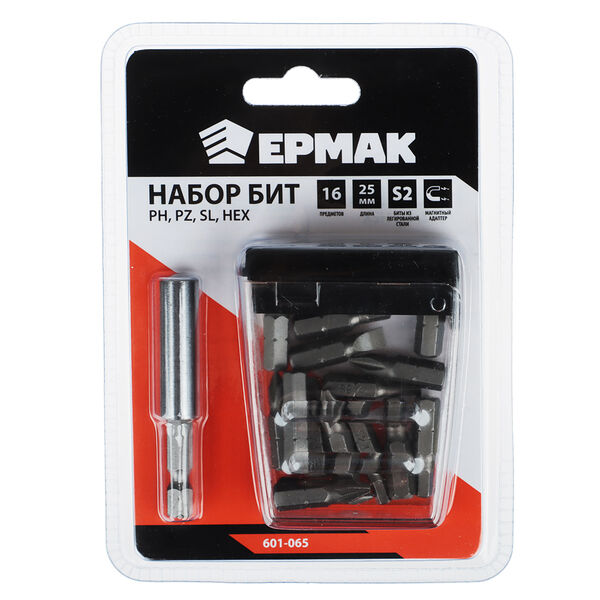Ермак набор бит на блистере 16 предметов, магнитный адаптер 60 мм, 15 бит 25мм