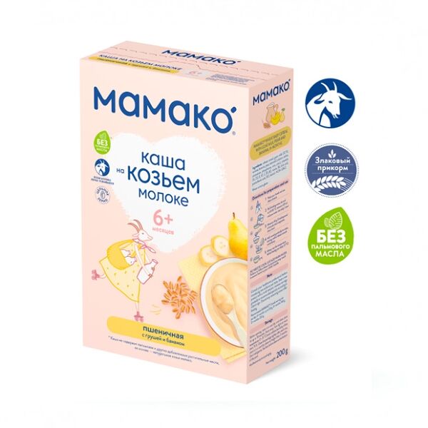 МАМАКО сух.дет.каша Пшеничная груша и банан на козьем молоке 200г