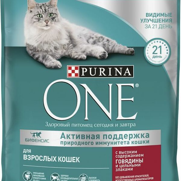 Корм сухой Purina One Adult с говядиной с цельными злаками для взрослых кошек 750г