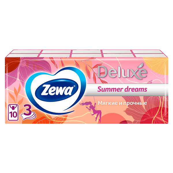 Платочки бумажные носовые Zewa Deluxe 3 слоя, 10 х 10 шт