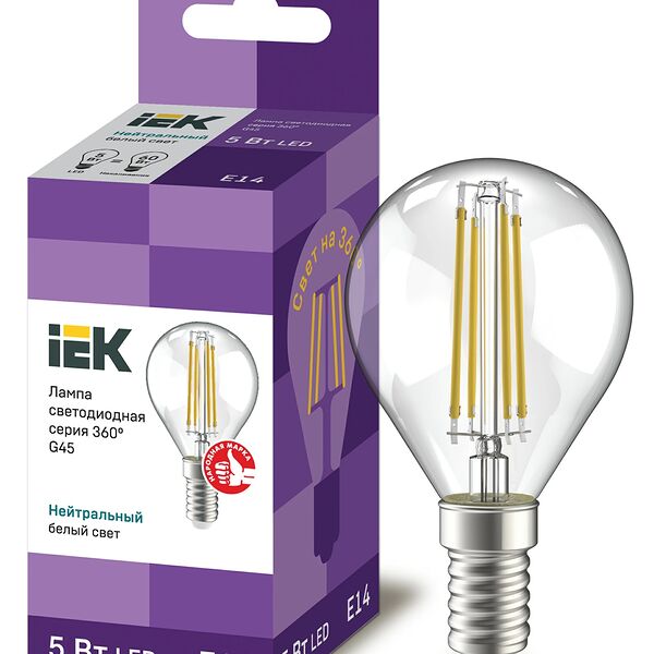 Лампа IEK LED G45 шар прозрачная 5 Вт 230 В 4000К цоколь E14 серия 360