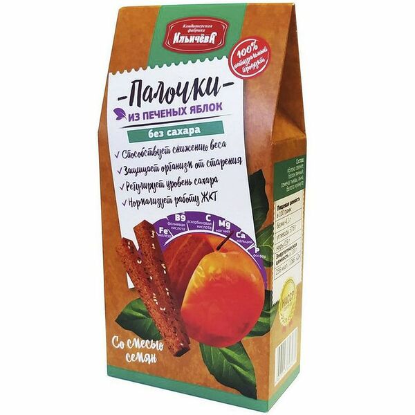 Палочки КФ Ильичёва из печёных яблок без сахара со смесью семян, 45г