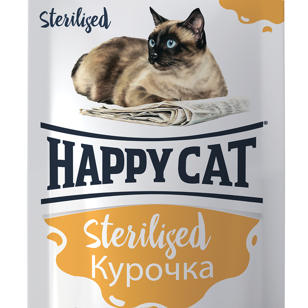 HAPPY CAT 100гр Корм для стерилизованных кошек Курочка кусочки в желе (пауч)  