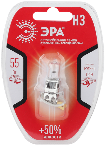 

Лампа противотуманная автомобильная ЭРА H3 12V 55W +50% PK22s BL 3000К
