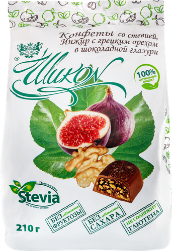 

Конфеты Шикон Инжир с грецким орехом в шоколадной глазури со стевией 210г