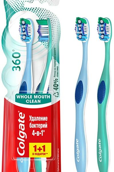 Зубная щетка Colgate 360 Суперчистота всей полости рта антибактериальная средней жесткости 1+1шт