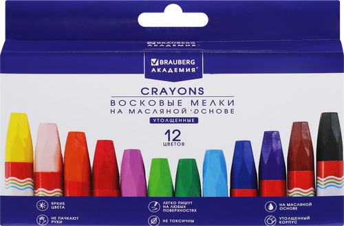 

Мелки восковые BRAUBERG Академия, утолщенные, на масляной основе, 12 цветов, Арт. 227295