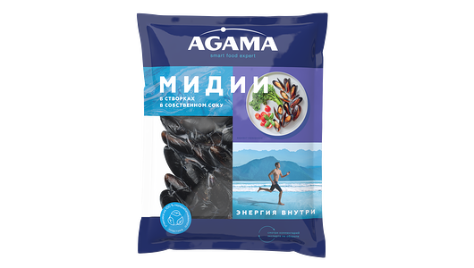 Мидии в створках Agama в собственном соку варёно-мороженые, 450г