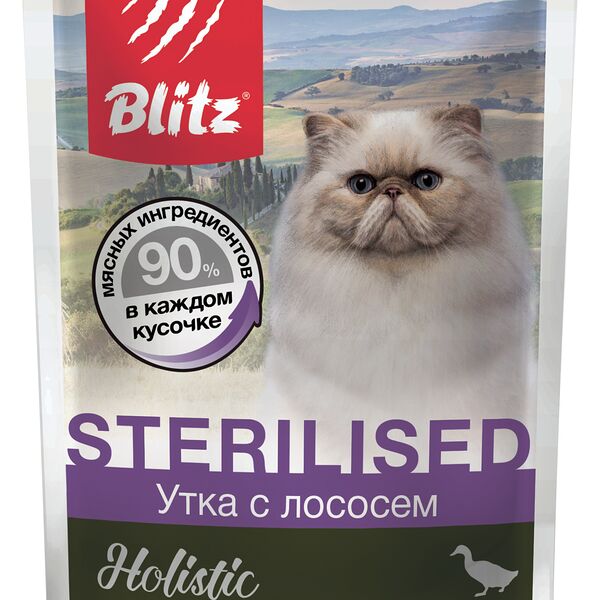 Blitz Holistic Sterilised пауч для стерилизованных кошек и кастрированных котов (кусочки в соусе) Утка и лосось, 85 г.