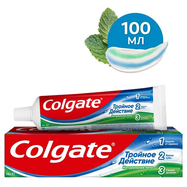 Зубная паста Colgate Тройное действие Натуральная мята для защиты от кариеса удаления потемнений с зубов и свежего дыхания 100мл