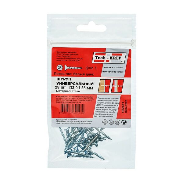 Саморез универсальный TECH-KREP, 3х25мм, оцинкованный, потайная головка, 28шт