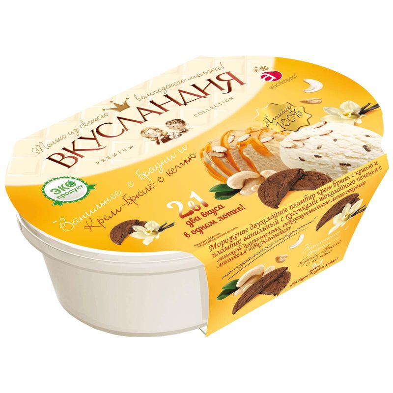 

Мороженое пломбир Вкусландия двухслойный крем-брюле брауни и кешью 450 г