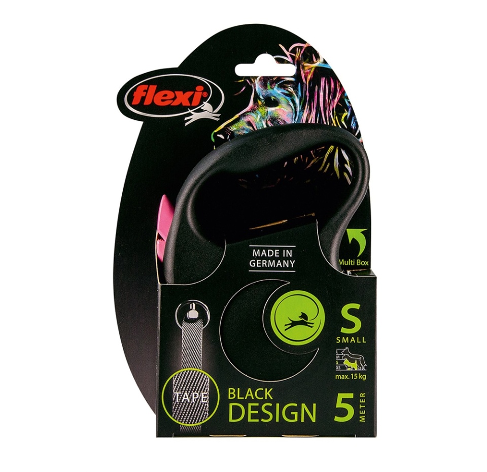 

Рулетка Flexi Black Design S, до 15 кг, 5 м, лента, черный/розовый Германия