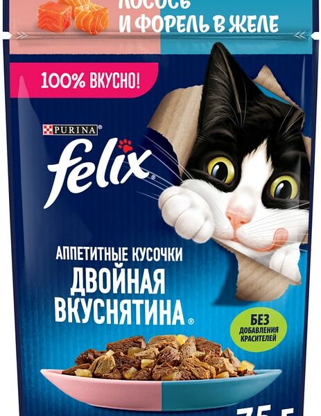 Влажный корм для кошек Felix Аппетитные кусочки Двойная Вкуснятина с лососем и форель в желе 75г