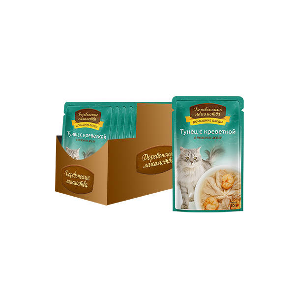 Корм для кошек ДЕРЕВЕНСКИЕ ЛАКОМСТВА Тунец с креветкой в нежном желе пауч 70г (упаковка - 12 шт)