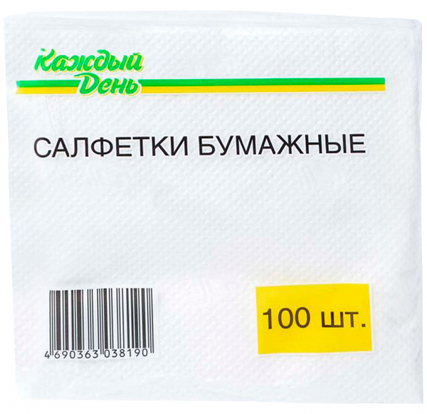 Салфетки бумажные Каждый день однослойные белые, 100 шт