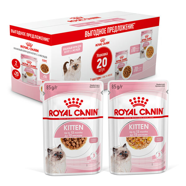Royal Canin Kitten мультипак паучи для котят (кусочки в желе+соус) Мясо, 85 г. (20 шт.)