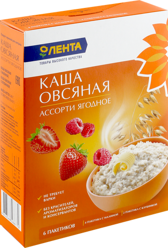 

Каша овсяная ЛЕНТА Ассорти ягодное, малина, клубника, 6х40г