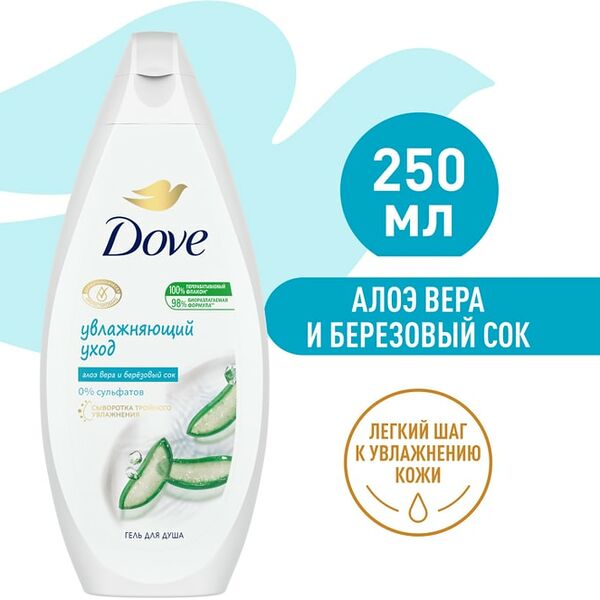Крем-гель для душа Dove Увлажняющий уход с алоэ вера и березовым соком бессульфатный 250мл