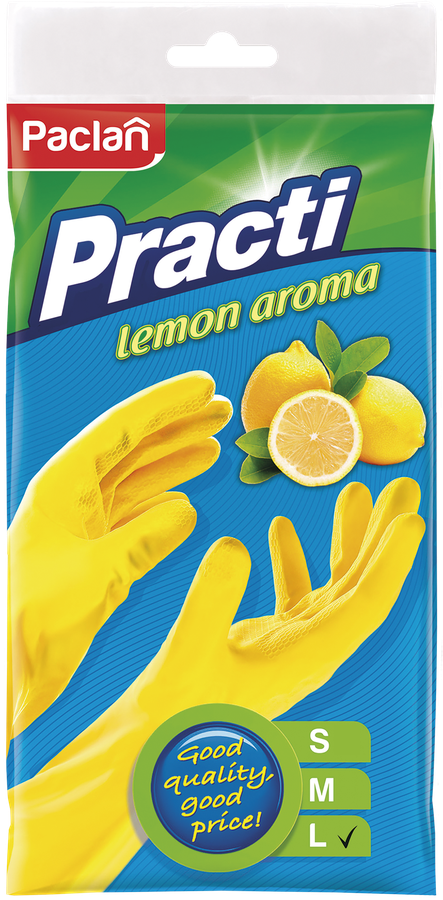 

Перчатки хозяйственные Paclan Practi, с ароматом лимона, размер L, резиновые, желтые