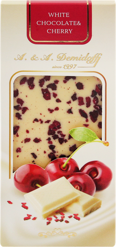 

Шоколад белый DEMIDOFF с добавлением кусочков сушеной вишни, 100г