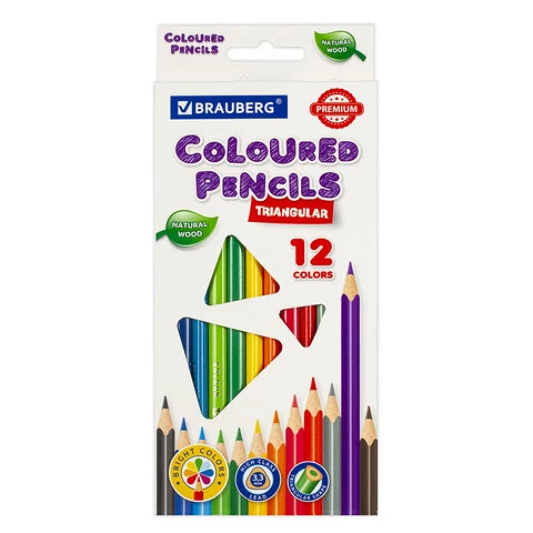 Карандаши цветные Brauberg Premium 12цв трехгранные грифель мягкий 3,3мм 181651