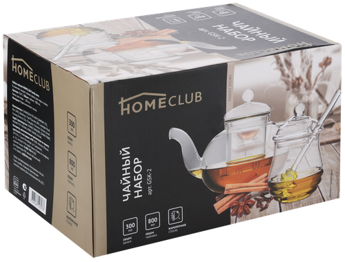 

Набор чайный HOMECLUB Family story, 3 предмета: чайник 800мл, банка для меда с ложкой Арт. GSK-2