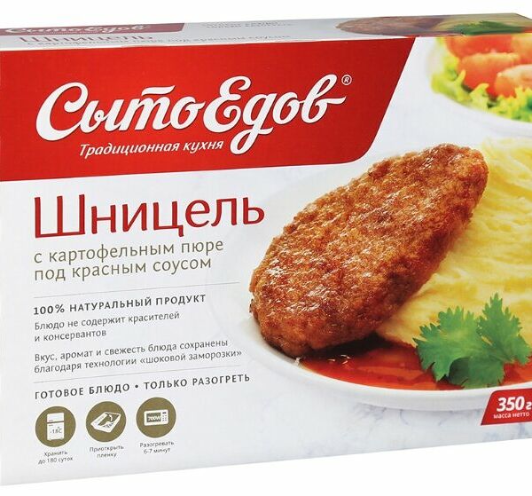 Шницель Сытоедов с картофельным пюре под красным соусом