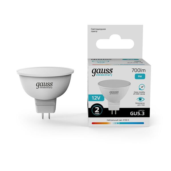 Лампа светодиодная Gauss Elementary, 9 Вт, GU5.3, 4100К, MR16, 12 В