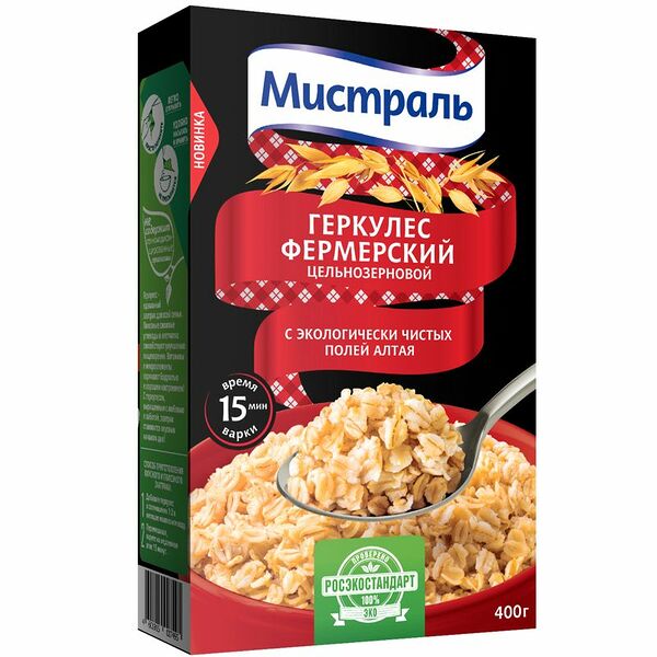Хлопья овсяные Мистраль Геркулес Фермерский цельнозерновой, 400г
