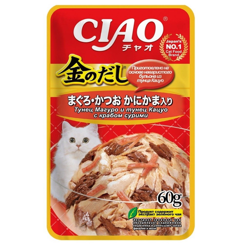 

Влажный корм для кошек Inaba Ciao Kinnodashi Микс тунцов с крабом сурими в желе 60 г