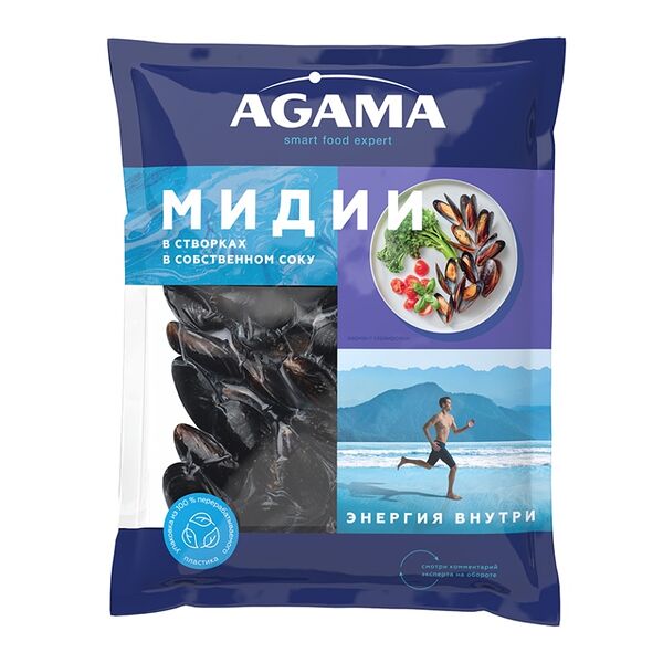 Мидии в створках Agama в собственном соку варёно-мороженые, 450г