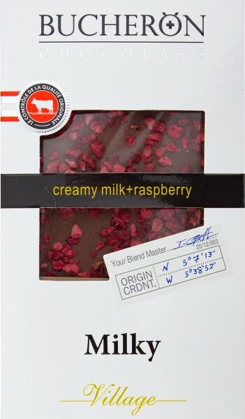 Шоколад Bucheron молочный с кусочками малины 33% 100г