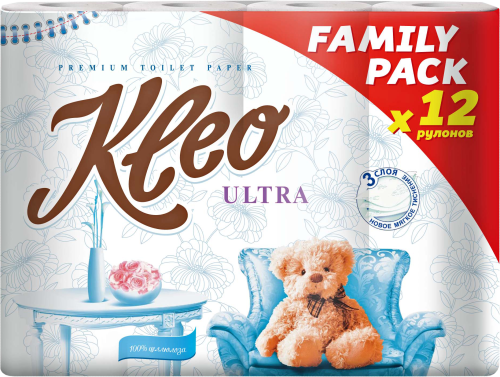 

Туалетная бумага Kleo Ultra белая трехслойная 12 рулонов