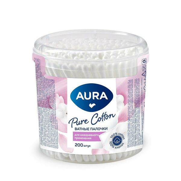 Ватные палочки Aura 200шт круглый стакан